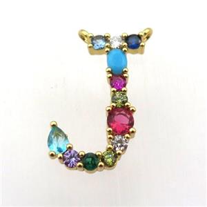 copper J-letter pendant paved zircon with 2loops, gold plated, approx 15-23mm [FN11491]