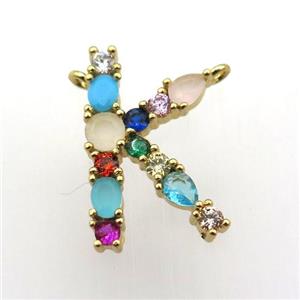 copper K-letter pendant paved zircon with 2loops, gold plated, approx 15-23mm [FN11492]