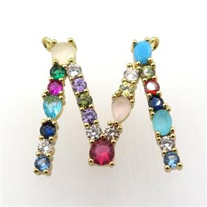 copper M-letter pendant paved zircon with 2loops, gold plated, approx 15-23mm [FN11494]
