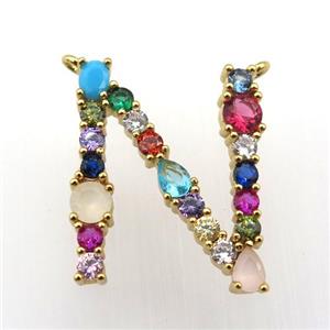 copper N-letter pendant paved zircon with 2loops, gold plated, approx 15-23mm [FN11495]