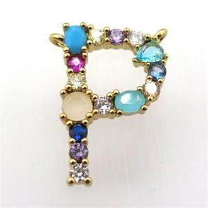 copper P-letter pendant paved zircon with 2loops, gold plated, approx 15-23mm [FN11497]