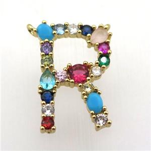copper R-letter pendant paved zircon with 2loops, gold plated, approx 15-23mm [FN11498]