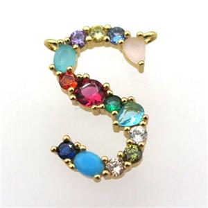 copper S-letter pendant paved zircon with 2loops, gold plated, approx 15-23mm [FN11499]