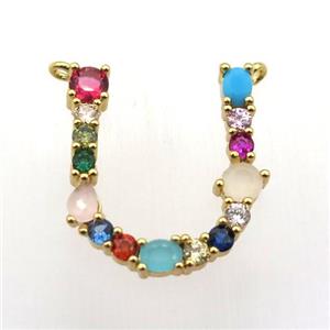 copper U-letter pendant paved zircon with 2loops, gold plated, approx 15-23mm [FN11501]