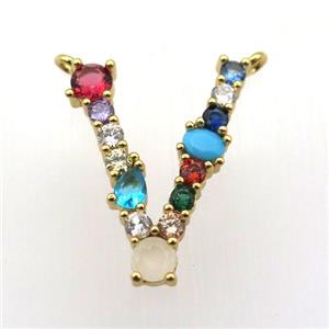 copper V-letter pendant paved zircon with 2loops, gold plated, approx 15-23mm [FN11502]