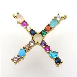 copper X-letter pendant paved zircon with 2loops, gold plated, approx 15-23mm [FN11503]