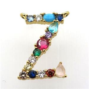 copper Z-letter pendant paved zircon with 2loops, gold plated, approx 15-23mm [FN11505]