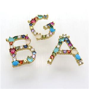 copper letter charms pendant paved zircon with 2loops, mixed alphabet, gold plated, approx 15-23mm [FN11506]