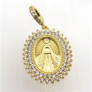 copper oval pendant paved zircon, jesu, gold plated, approx 16-20mm [FN11529]