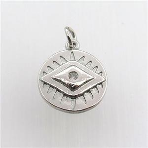 copper circle pendant paved zircon, eye, platinum plated, approx 15mm dia [FN11544]