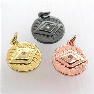copper circle pendant paved zircon, eye, mix color, approx 15mm dia [FN11548]