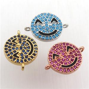 copper Emoji connector paved zircon, smile face, mix color, approx 12mm dia [FN11614]