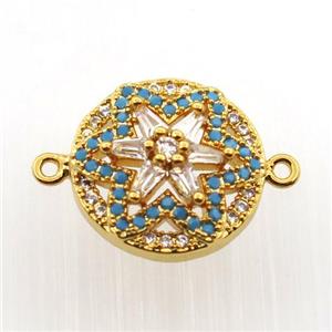 copper flower connector paved zircon, gold plated, approx 14mm dia [FN11665]