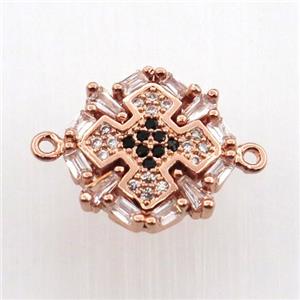 copper cross connector paved zircon, rose gold, approx 14mm dia [FN11673]