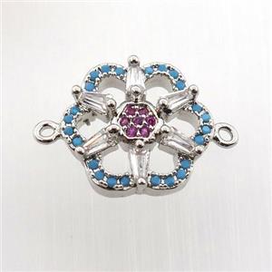 copper connector paved zircon, flower, platinum plated, approx 14mm dia [FN11695]