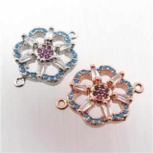 copper connector paved zircon, flower, mix color, approx 14mm dia [FN11697]