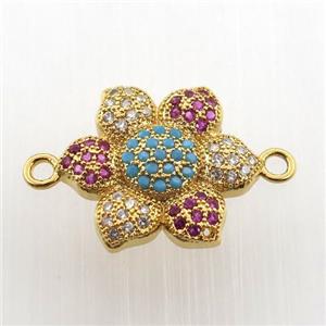 copper flower connector paved zircon, gold plated, approx 16mm dia [FN11703]