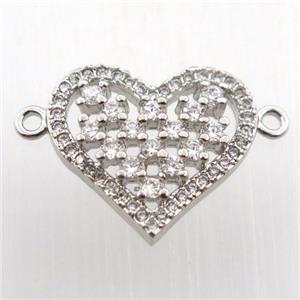 copper heart connector paved zircon, platinum plated, approx 15-18mm [FN11728]