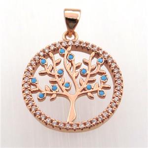copper pendant paved zircon, tree of life, rose gold, approx 20mm dia [FN11752]