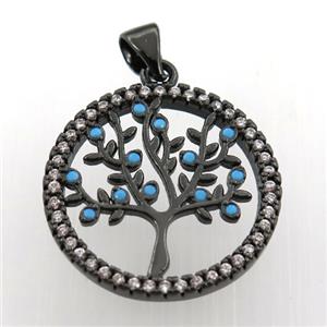 copper pendant paved zircon, tree of life, black plated, approx 20mm dia [FN11753]