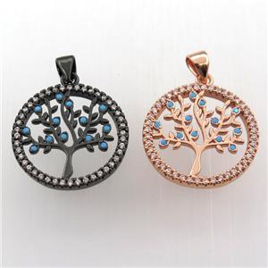 copper pendant paved zircon, tree of life, mix color, approx 20mm dia [FN11754]