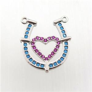 copper pendant paved zircon, heart-U, platinum plated, approx 15-16mm [FN11758]