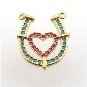 copper pendant paved zircon with 2loops, heart-U, gold plated, approx 15-16mm [FN11759]