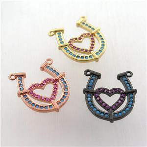copper pendant paved zircon with 2loops, heart-U, mix color, approx 15-16mm [FN11762]