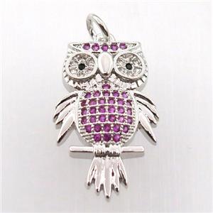 copper owl pendant paved zircon, platinum plated, approx 14-23mm [FN11789]
