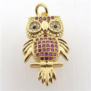 copper owl pendant paved zircon, gold plated, approx 14-23mm [FN11790]