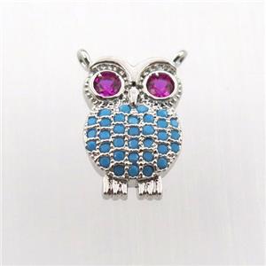copper owl pendant paved zircon, platinum plated, approx 9-14mm [FN11794]