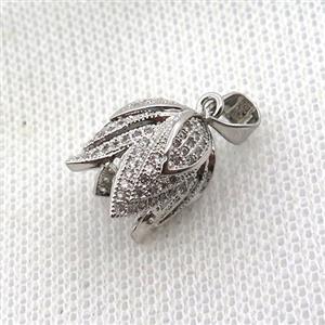 copper Lotus pendant paved zircon, platinum plated, approx 10-14mm [FN11803]