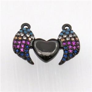copper pendant paved zircon with 2loops, angel wing, black plated, approx 10-18mm [FN11851]