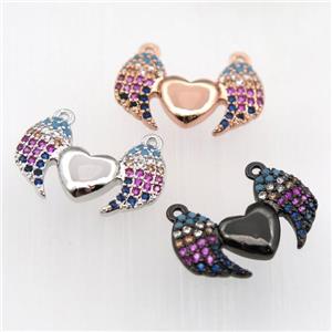 copper pendant paved zircon with 2loops, angel wing, mixed color, approx 10-18mm [FN11852]