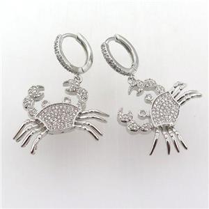 copper hoop earring pave zircon with crab, platinum plated, approx 22-28mm, 14mm dia [FN11944]