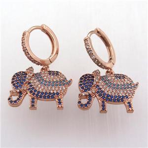 copper hoop earring pave zircon with elephant, rose gold, approx 14-18mm, 14mm dia [FN11947]
