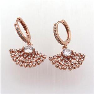 copper hoop earring pave zircon with fan, rose gold, approx 10-20mm, 14mm dia [FN11951]
