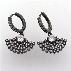 copper hoop earring pave zircon with fan, black plated, approx 10-20mm, 14mm dia [FN11952]