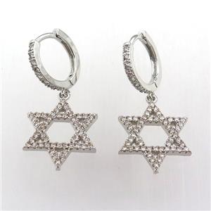 copper hoop earring pave zircon with davidstar, platinum plated, approx 18mm dia, 14mm dia [FN11955]