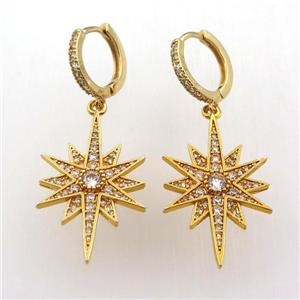 copper hoop earring pave zircon with northstar, gold plated, approx 18-30mm, 14mm dia [FN11957]