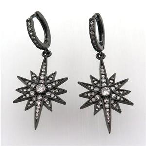 copper hoop earring pave zircon with northstar, black plated, approx 18-30mm, 14mm dia [FN11959]