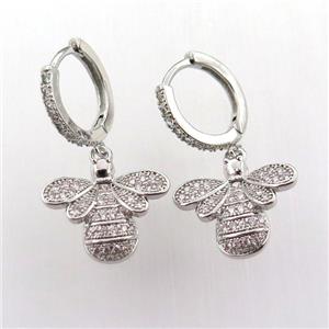copper hoop earring pave zircon with honeybee, platinum plated, approx 15-16mm, 14mm dia [FN11960]