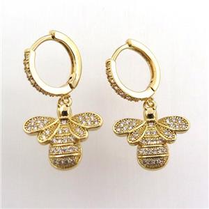copper hoop earring pave zircon with honeybee, gold plated, approx 15-16mm, 14mm dia [FN11961]