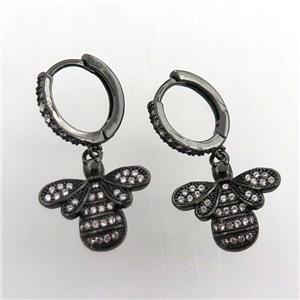 copper hoop earring pave zircon with honeybee, black plated, approx 15-16mm, 14mm dia [FN11962]