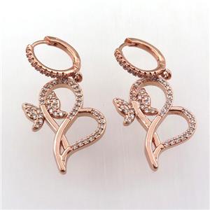 copper hoop earring pave zircon with butterfly, rose gold, approx 20-25mm, 14mm dia [FN11965]