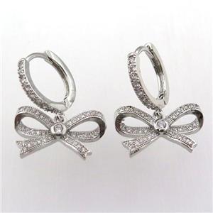 copper hoop earring pave zircon with ribbon, platinum plated, approx 11-18mm, 14mm dia [FN11967]