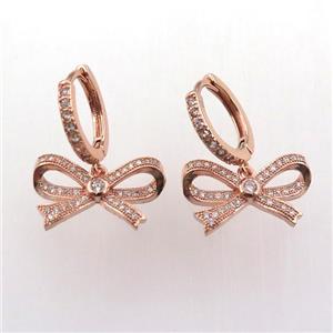 copper hoop earring pave zircon with ribbon, rose gold, approx 11-18mm, 14mm dia [FN11969]