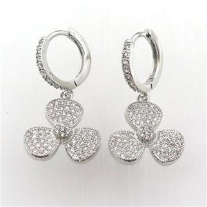 copper hoop earring pave zircon with clover, platinum plated, approx 16mm dia, 14mm dia [FN11971]