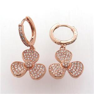 copper hoop earring pave zircon with clover, rose gold, approx 16mm dia, 14mm dia [FN11973]