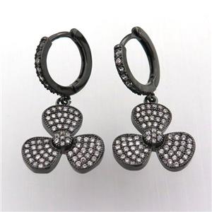 copper hoop earring pave zircon with clover, black plated, approx 16mm dia, 14mm dia [FN11974]
